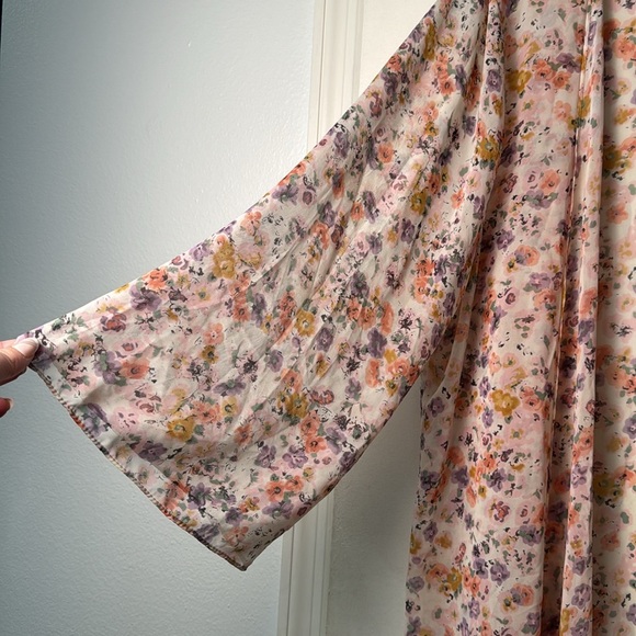 Moa Moa Pink Floral Sheer Open Front Midi Kimono Swim Cover Up Size 2X - Picture 2 of 5